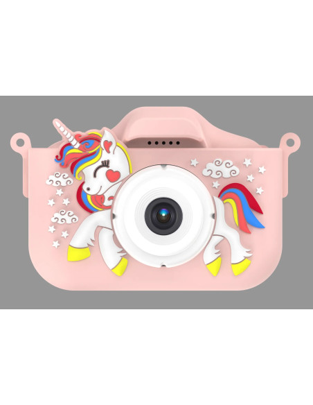 KIDS PHOTO CAMERA DIGITAL BUBBLE MICRO SD 2"IPS HD SCREEN PINK + COVER UNICORN